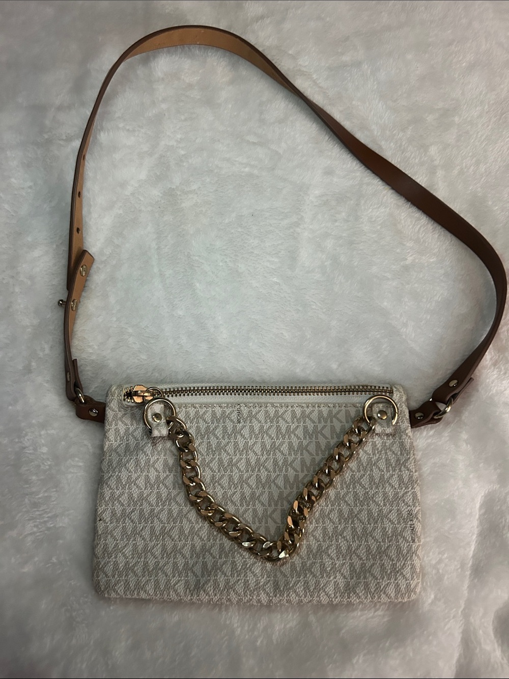 Michael Kors Beige Logo Crossbody with Brown Strap and Gold Chain